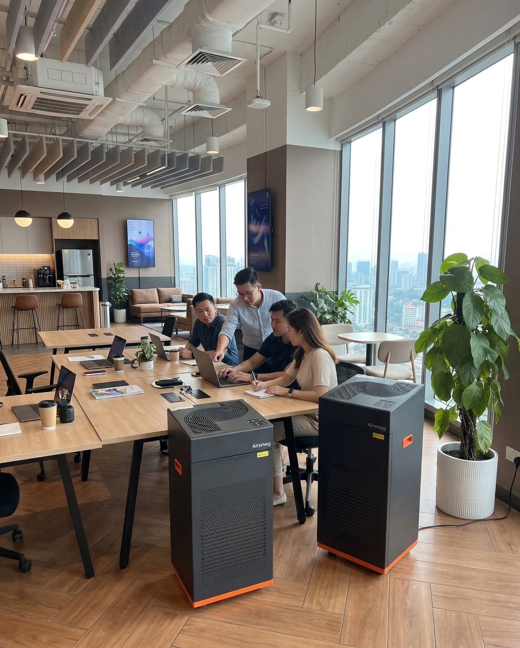Air purifier units placed in a modern office collaboration space